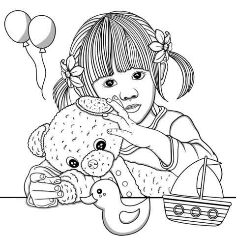 Coloring Page of a Little Girl Hugging a Teddy Bear