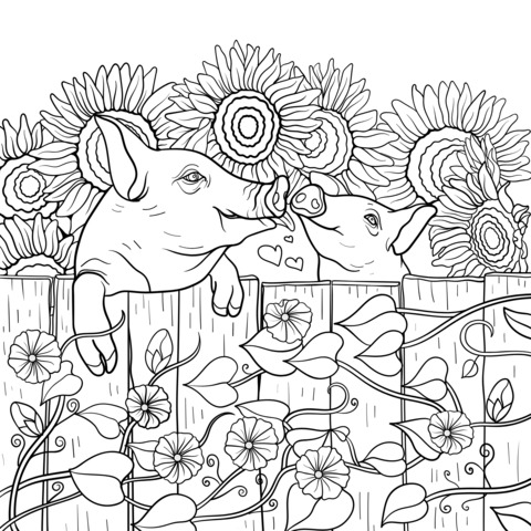 Coloring Page of Two Piglets and Sunflowers