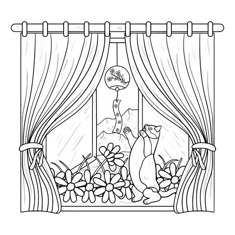 Cat Enjoying the View Coloring Page