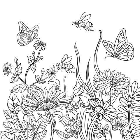 Colorful Flowers and Agile Insects Coloring Page