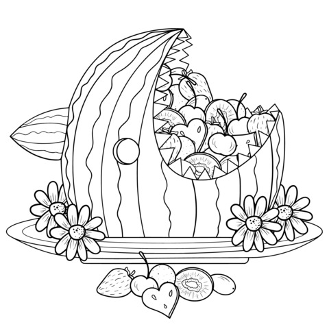 Watermelon - shaped Fruit Platter Coloring Page