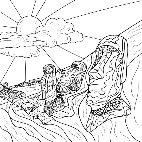 Easter Island Moai Coloring Page: A Magical Landscape Under the Sun