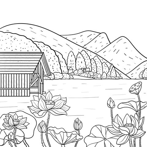 Lakeside Cottage and Lotus Scenery Coloring Page