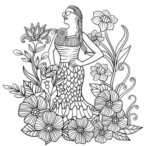 Página de colorear de una mujer elegante entre flores