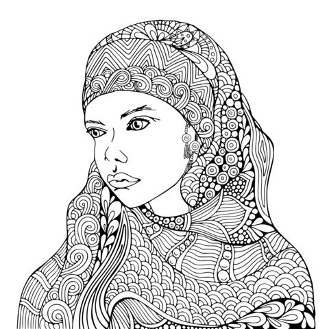 Coloring Page of a Woman Wearing a Headscarf