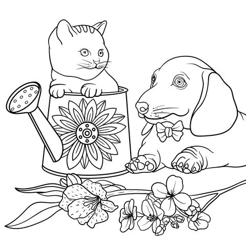 Página para colorir de gato, cachorro e flores adoráveis