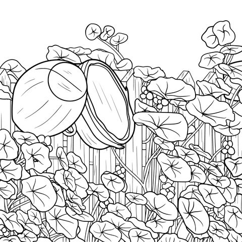 Coloring Page of Green Plants and Wooden Barrels beside a Fence