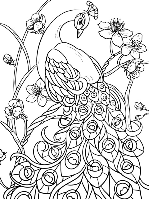 Beautiful Peacock and Blossoming Flowers Coloring Page