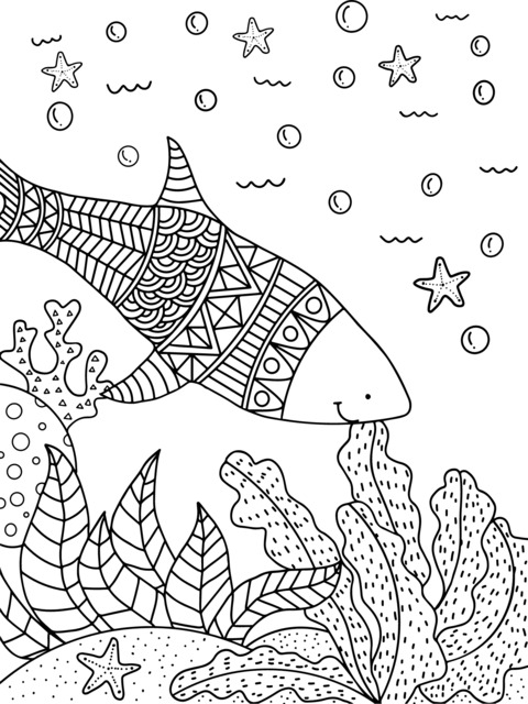 Ocean - themed Coloring Page: Adorable Shark and the Underwater World