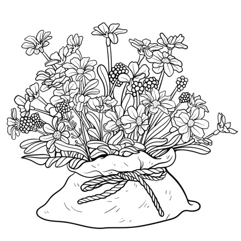 Flower Bouquet Coloring Page: Colorful Flowers in a Burlap Bag