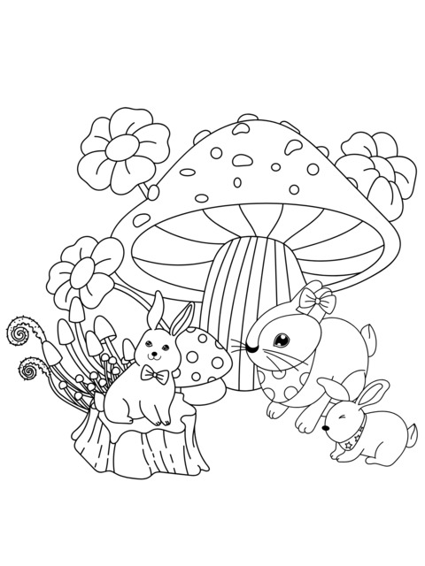 Cute Rabbits and Mushroom Coloring Page