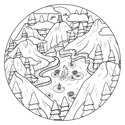 Página de colorear de paisaje de montañas, bosques y lago