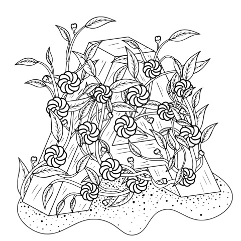 Coloring Page of a Wooden Pile Entwined with Flowers