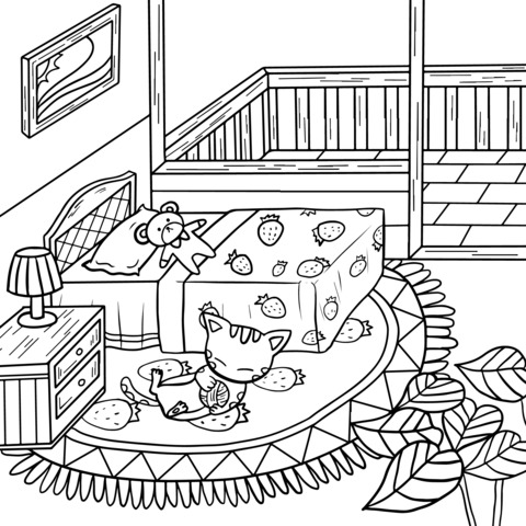 Cute Bedroom Scene Coloring Page