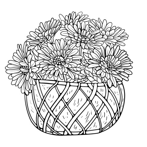 Flower Basket Coloring Page: Colorful Flowers and Woven Basket