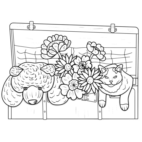 A cat, a dog and flowers in a suitcase