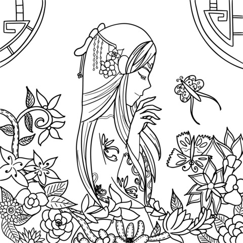 Coloring Page of an Ancient - style Girl with Flowers and Butterflies