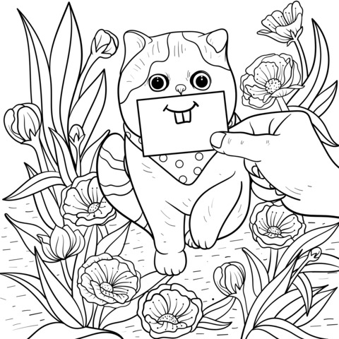 可爱猫咪涂色页：与手互动的萌猫插画