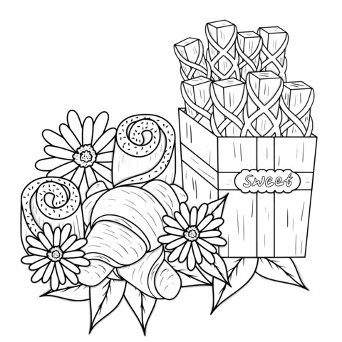 Página para colorir de doces e flores