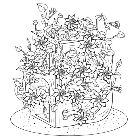 Blue Cube with Wrapped Flowers Coloring Page