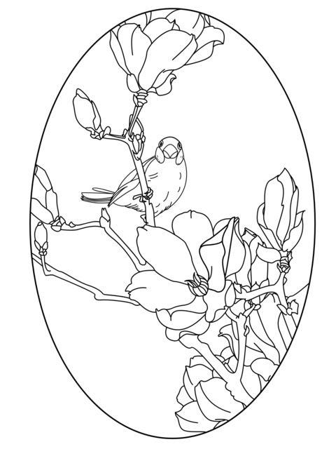 Bird on the Branch and Blooming Flowers