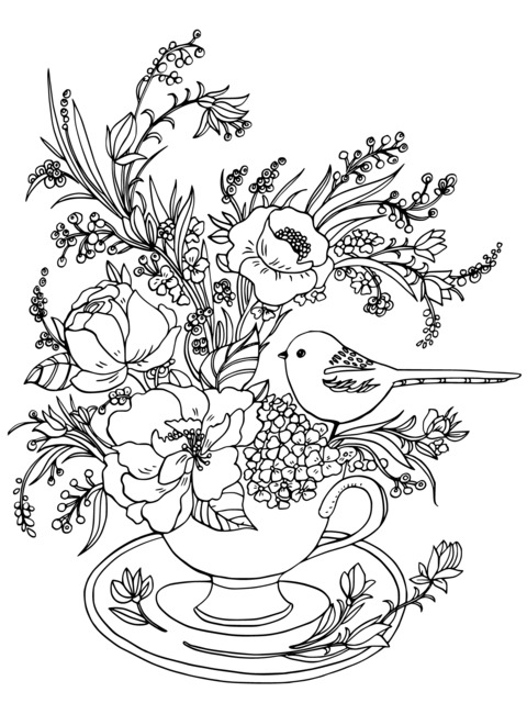 Flower and Bird in Teacup Coloring Page