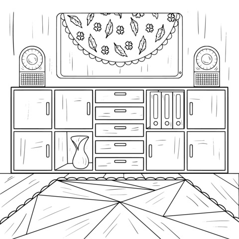 Página para colorear de muebles en una esquina de una habitación