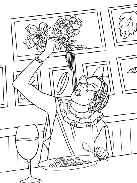 Creative Lady Eating Pasta Illustration Coloring Page