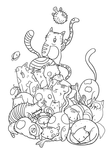 Adorable Cat Gathering Coloring Page