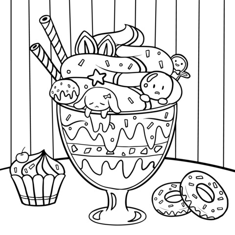 Delicious Dessert Coloring Page: Ice - Cream Cup and Snacks