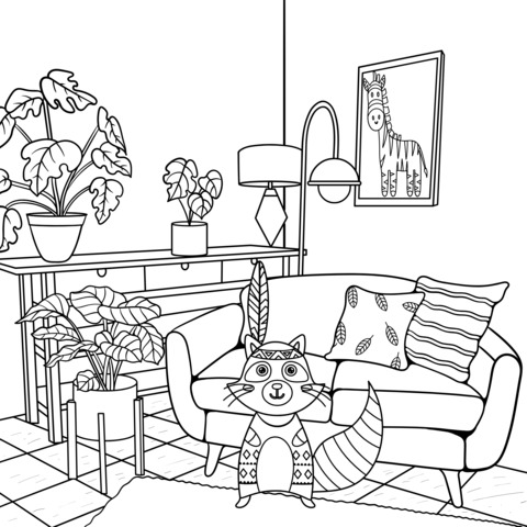 Coloring Page of a Cute Raccoon in an Indoor Scene