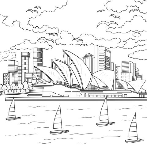 Página de Colorear del Teatro Ópera de Sydney: Presentación Artística de la Ciudad y la Vista al Mar