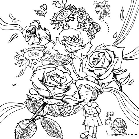 Flowers and Girl Coloring Page