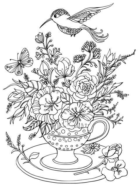 Página de colorear de colibrí, mariposa y taza de té llena de flores