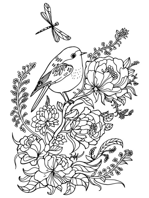 Bird and Flower Coloring Page