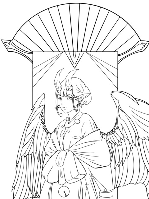 Fantasy - styled Coloring Page of a Winged Character