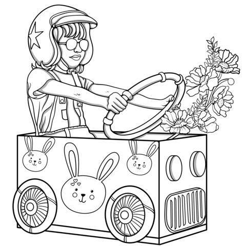 Coloring Page of a Girl Driving a Bunny - Patterned Cardboard Car