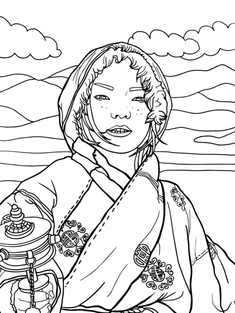 Tibetan Figure Holding a Prayer Wheel Coloring Page