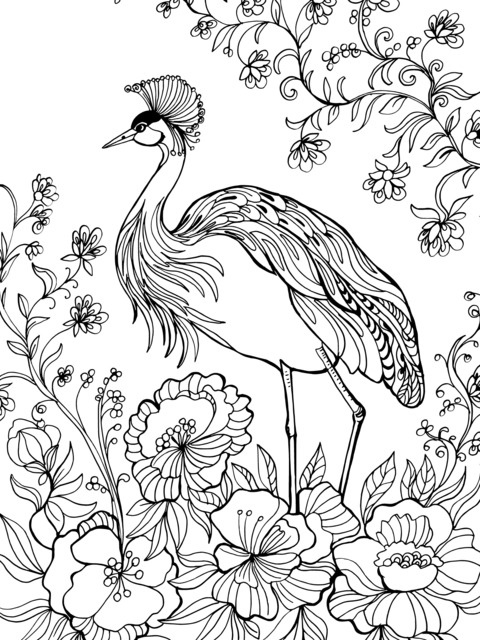 Flower - Bird Coloring Page: An Elegant Crane and Colorful Flowers