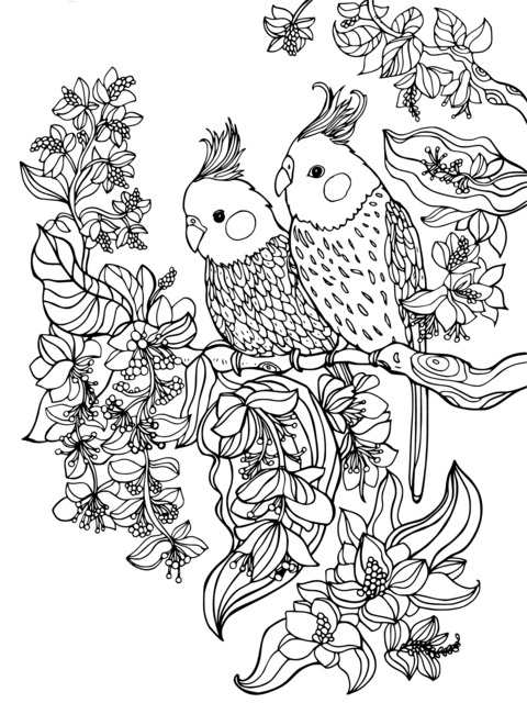 Coloring Page of Colorful Parrots and Blooming Flowers