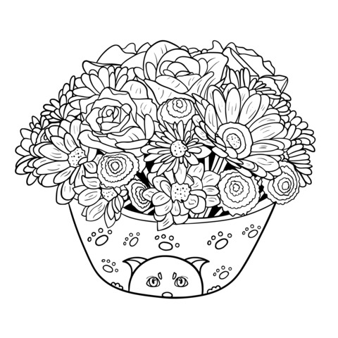 Página de colorear de un lindo macetero con flores