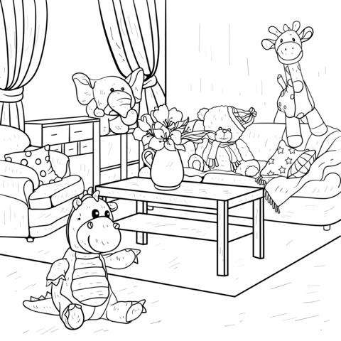 Cute Animals Gathering in the Living - Room Coloring Page