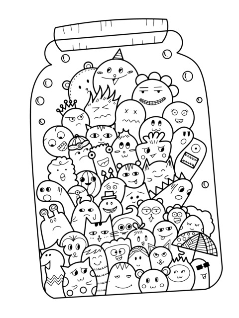 Coloring Page of a Cartoon Jar with Colorful Little Monsters