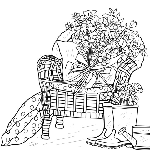 Floral Coloring Page: A Colorful Bouquet on a Wicker Chair