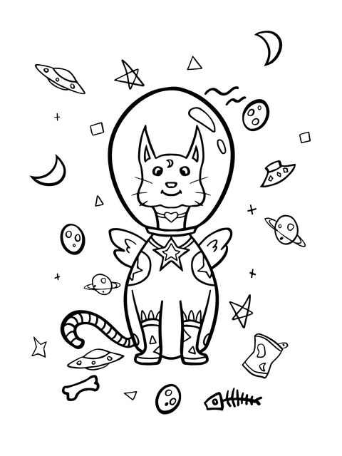 Dibujo para colorear de un lindo gato astronauta