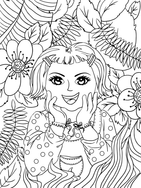 Coloring Page of a Girl with Flowers and Plants