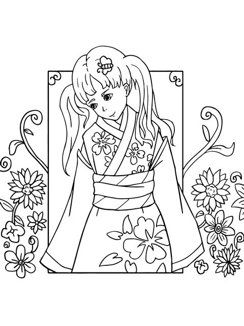 Página de colorear de una chica en kimono