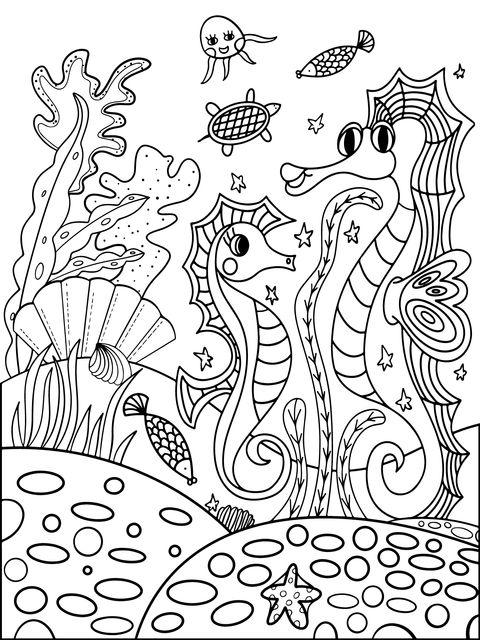 Cute Seahorses in an Underwater World Coloring Page