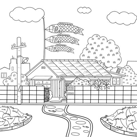 Coloring Page of a Traditional Japanese House and Koi Fish Flags