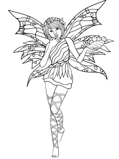 Coloring Page of a Flower Fairy Holding a Fruit Plate